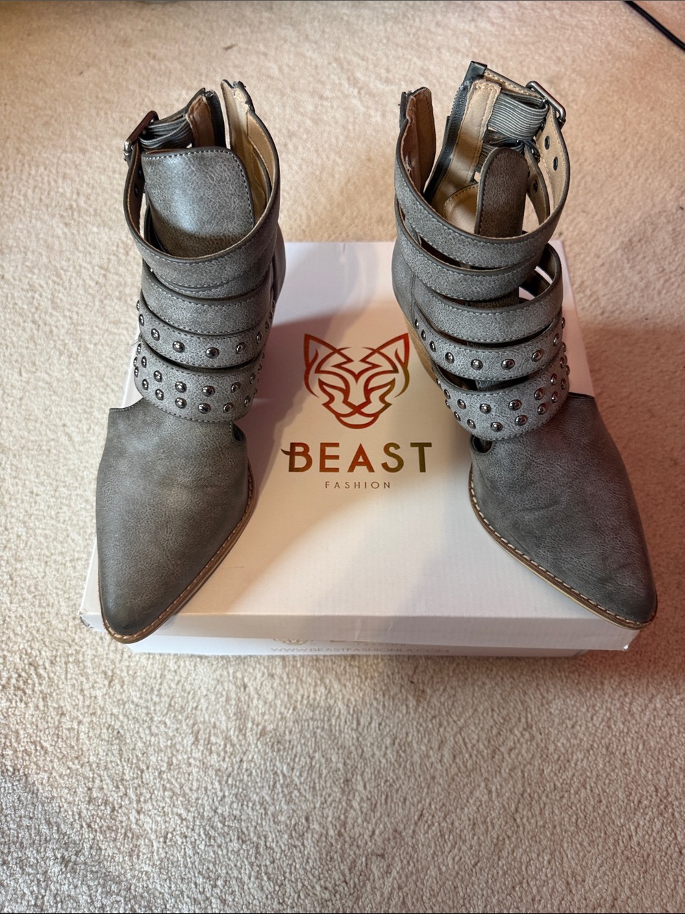 BEAST FASHION Gray Pointed-Toe Stud Strap Ankle Boots